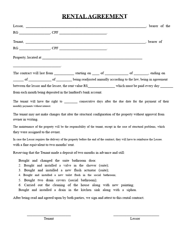 RENTAL CONTRACT To Fill Out by Hand | PDF
