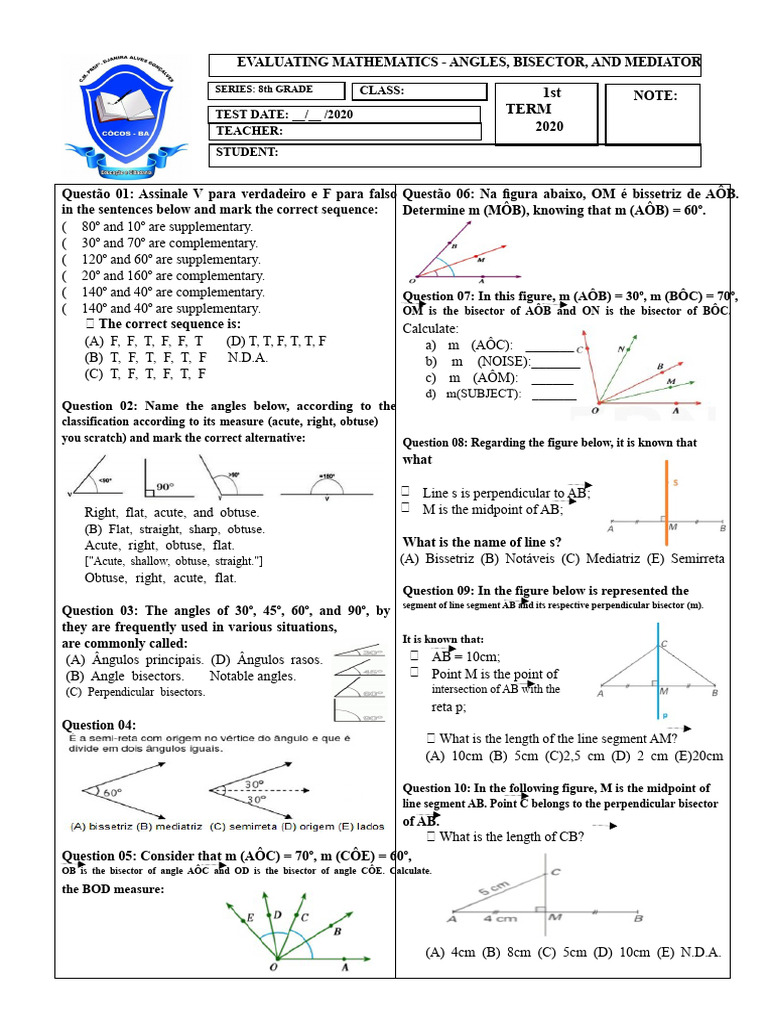EVALUATION Angles Bisector and Perpendicular Bisector | PDF ...