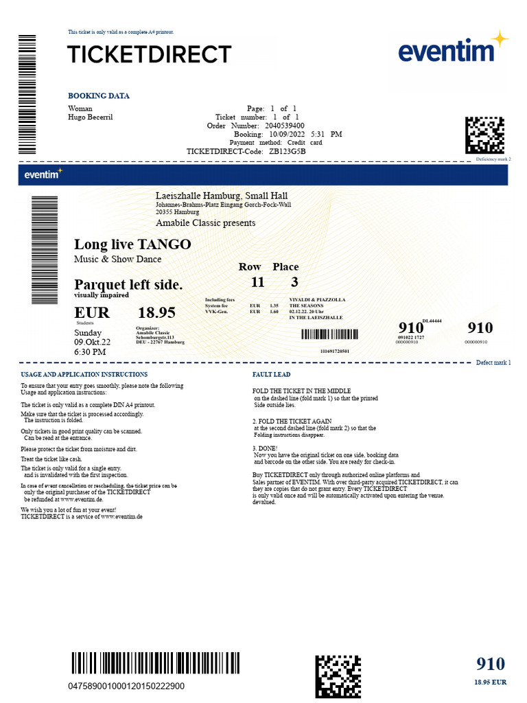 Laeiszhalle Ticket for Long Live TANGO | PDF | Payments