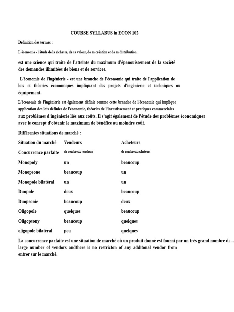 Syllabus d'Économie 102 : Concepts Clés | PDF | Offre et demande | Prix