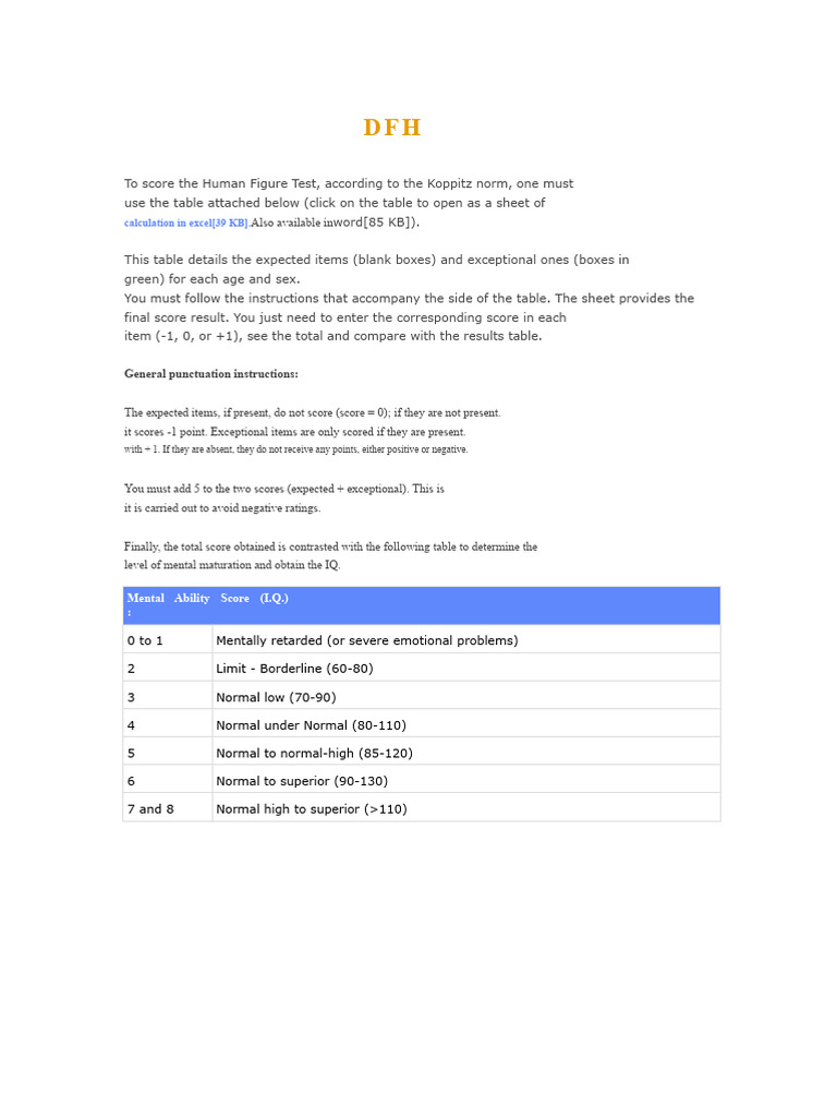 Human Figure Test Scoring Guide | PDF | Intelligence Quotient | Psychology