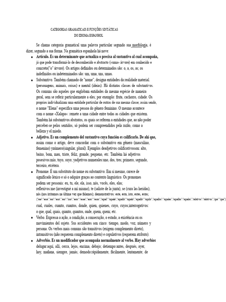 Gramática Espanhola: Categorias e Funções | PDF | Classe gramatical ...