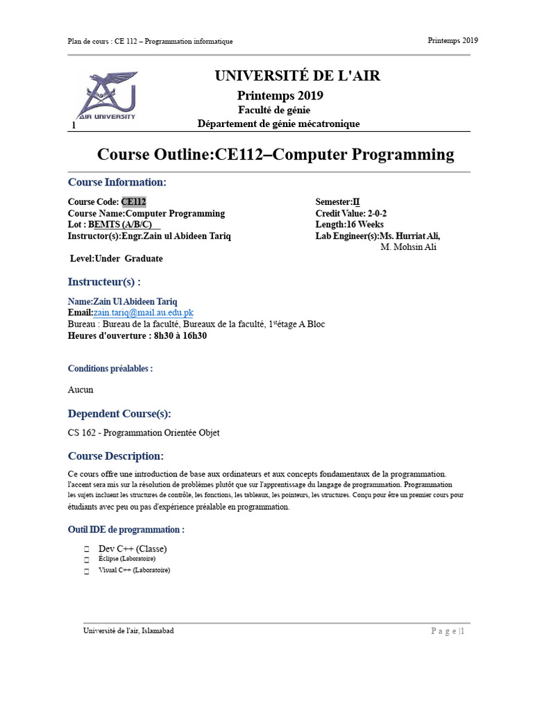Plan de cours CE 112 : Programmation C++ | PDF | Structure de contrôle ...