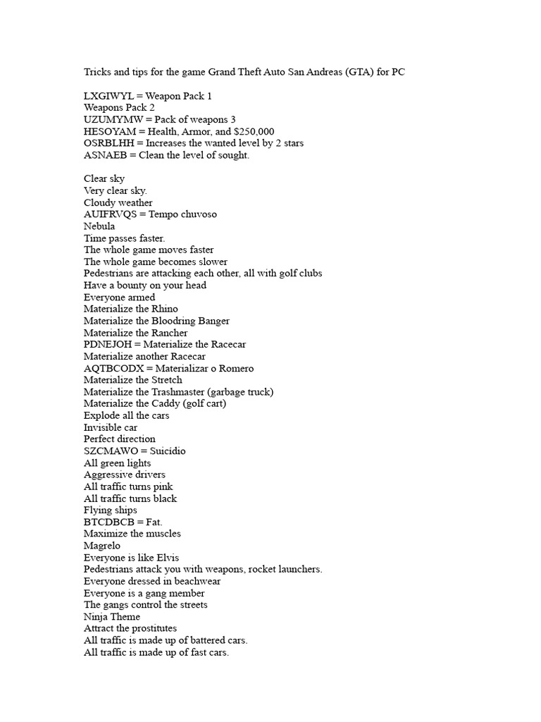 GTA San Andreas PC Cheat Codes Guide PDF