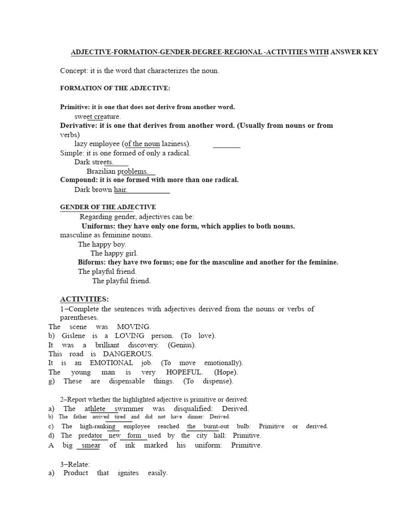 Adjective Formation and Activities Guide | PDF | Grammatical Gender ...