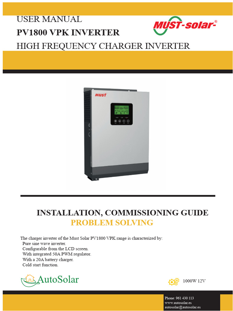 PV1800 VPK Inverter User Manual | PDF | Power Inverter | Battery Charger
