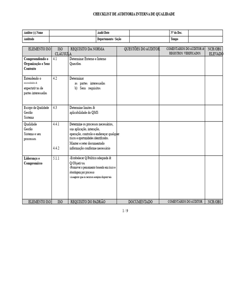 Checklist de Auditoria Interna ISO 9001 | PDF | Qualidade (negócios ...