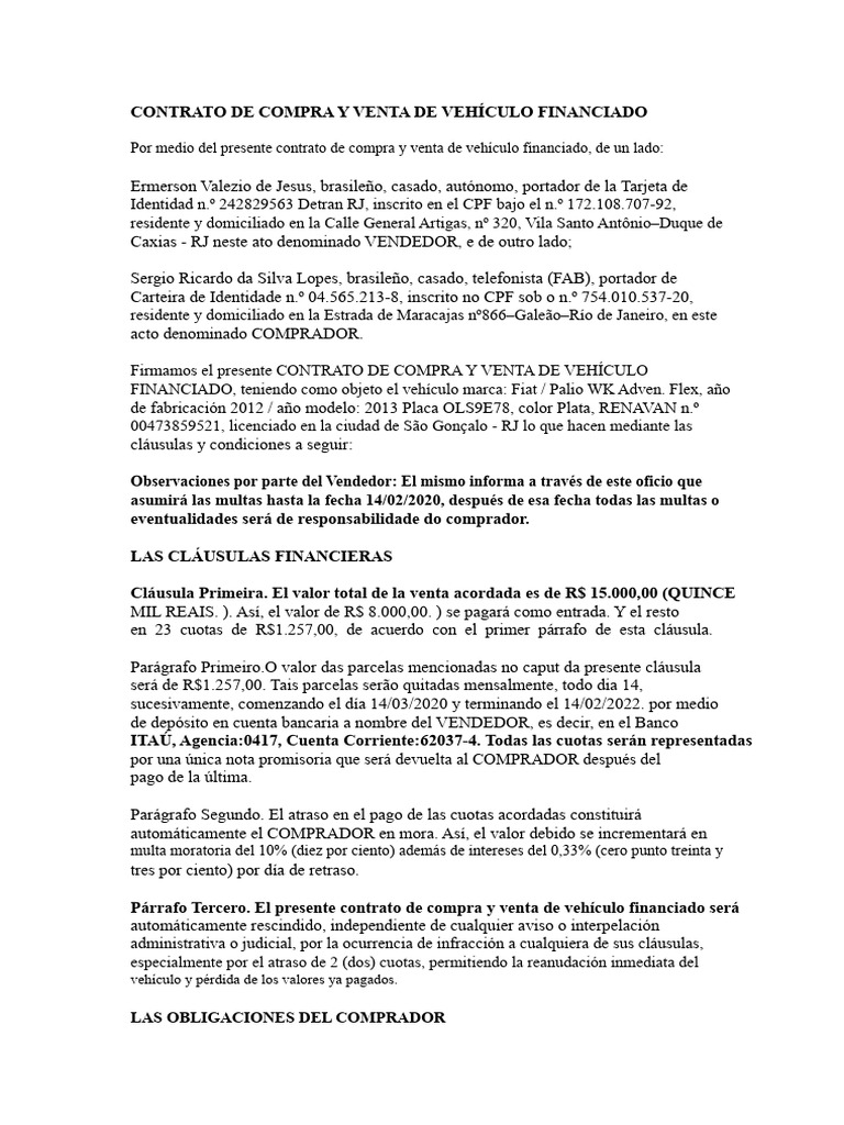 Contrato de Compra y Venta de Vehículo Financiado | PDF