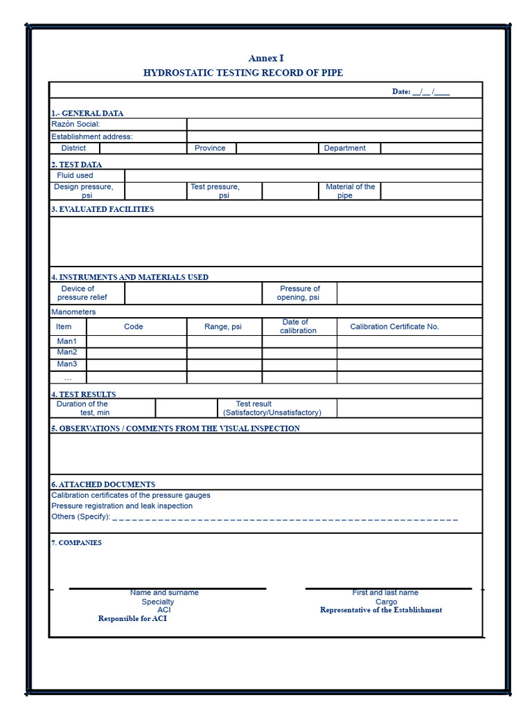 Hydrostatic Testing Record for Pipes | PDF | Calibration | Pressure