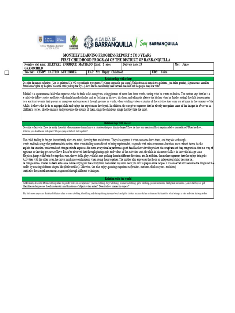 MONTHLY LEARNING PROGRESS REPORT FOR 2 TO 3 YEAR OLDS | PDF | Social ...