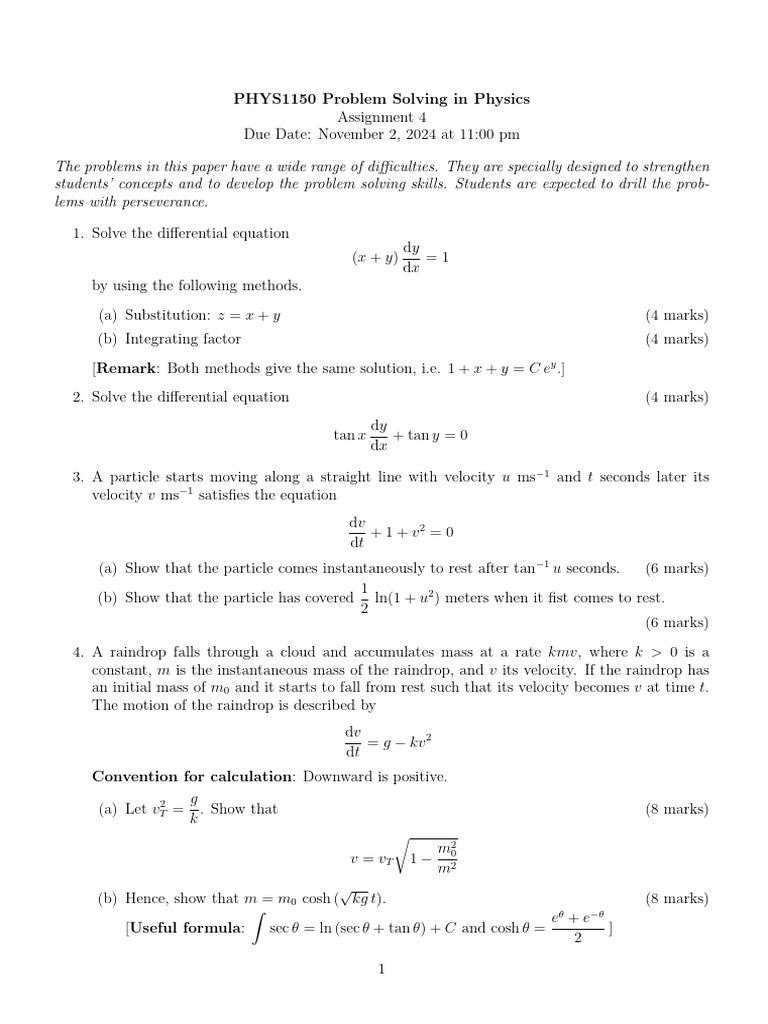 PHYS1150 Physics Problem Set 4 | PDF | Velocity | Mechanical Engineering
