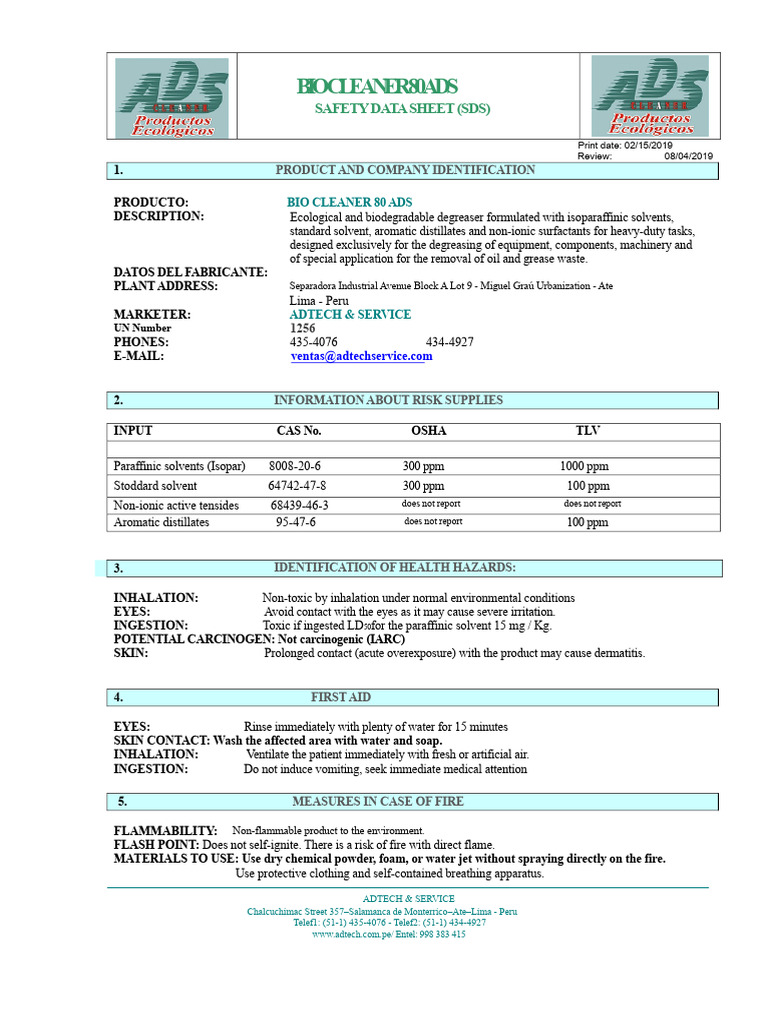 BIO CLEANER 80 ADS - MSDS Malvex PDF | PDF | Occupational Safety And Health