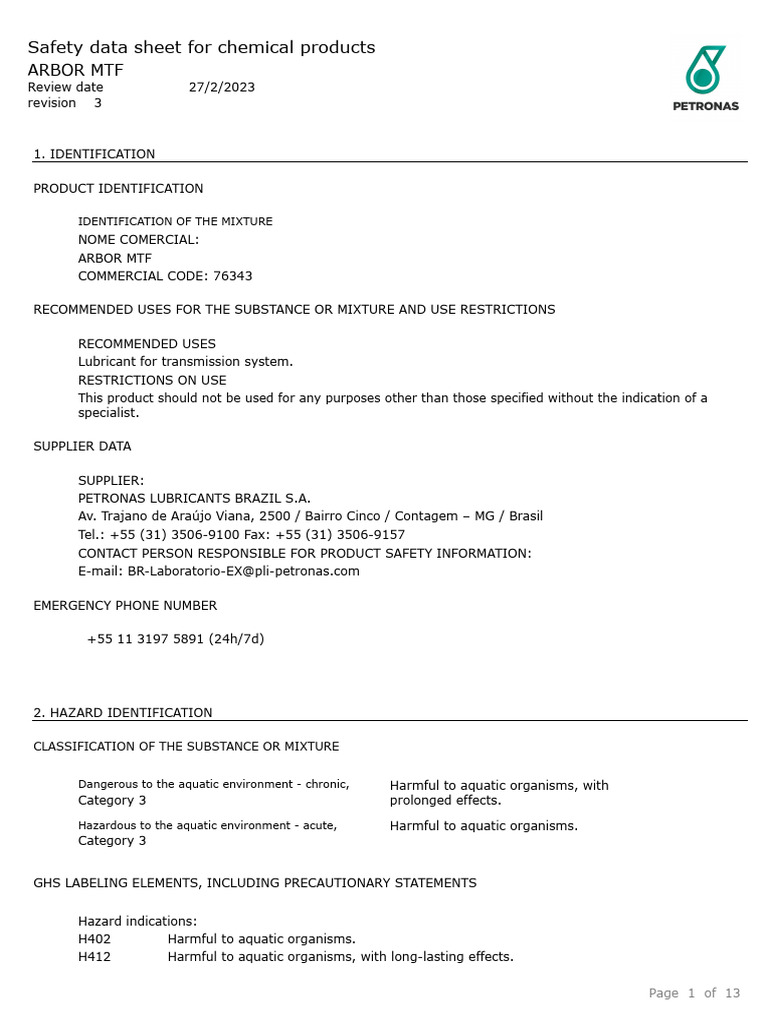ARBOR MTF Safety Data Sheet Summary | PDF | Toxicity | Sodium