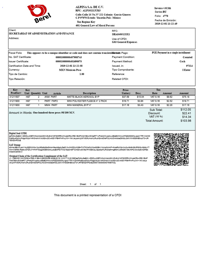 CFDI Invoice for ALPINA S.A. 2019 | PDF | Invoice | Mexican Peso