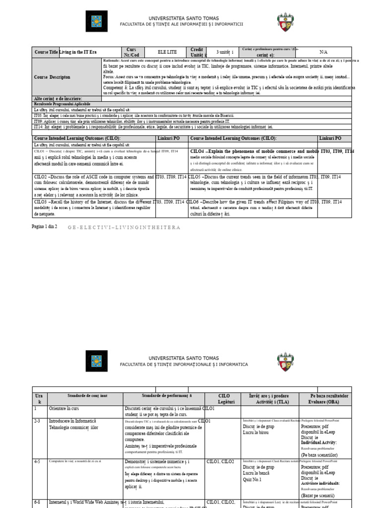 Planul de Curs ELE LITE (Trăind Era IT) | PDF