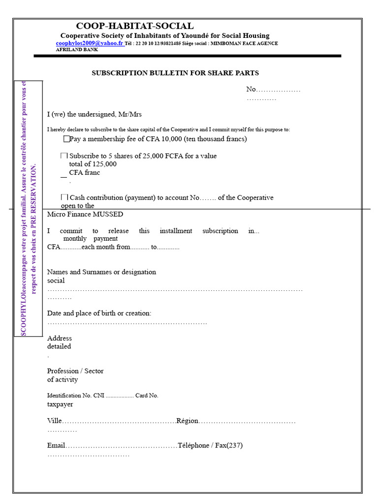 Subscription Form For The Cooperative | PDF | Subscription Business ...