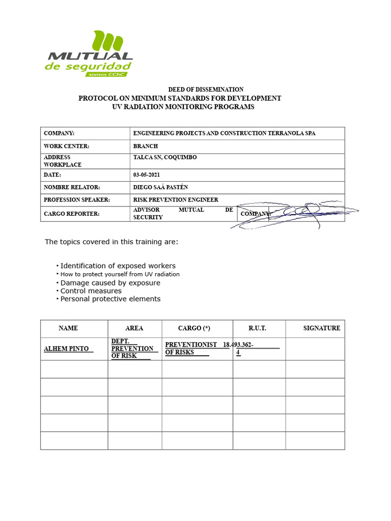 UV Radiation Safety Training Protocol | PDF