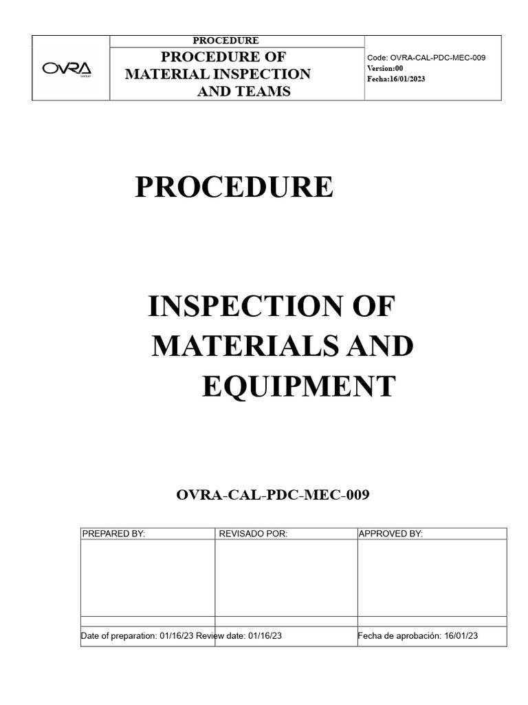 Inspection Procedure For Materials and Equipment | PDF | Warehouse ...