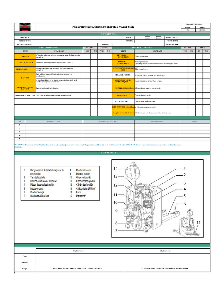 Electric Pallet Jack Pre-Operational Check | PDF | Vehicles | Vehicle ...