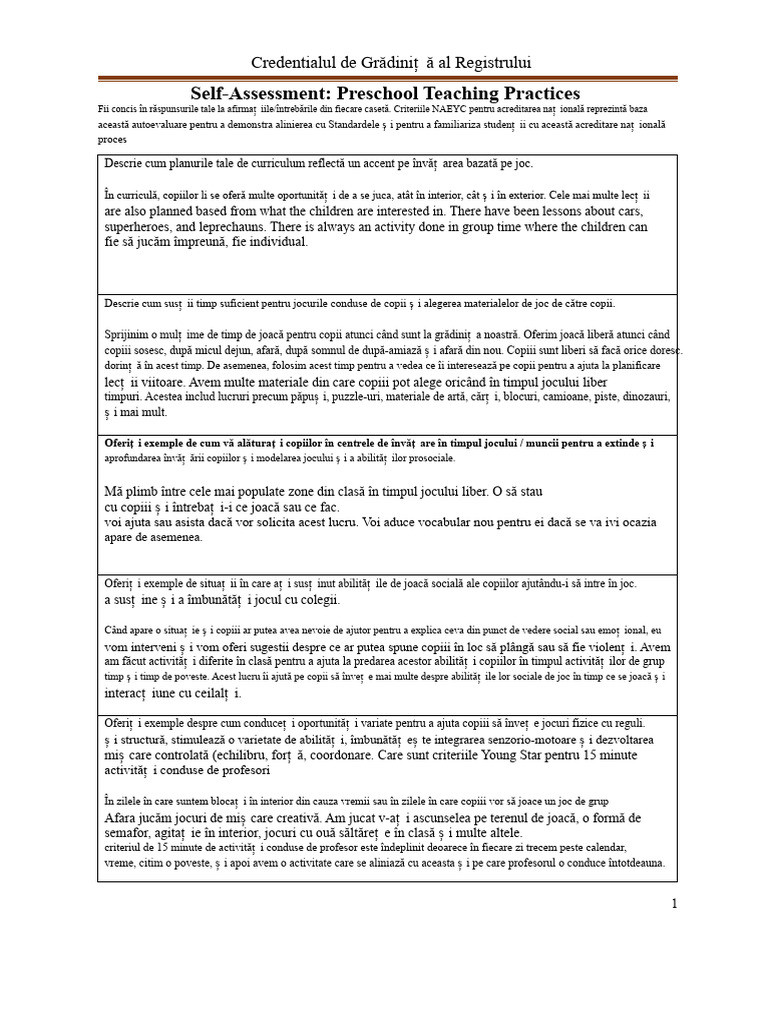Autoevaluarea Practicilor de Predare În Grădiniță | PDF