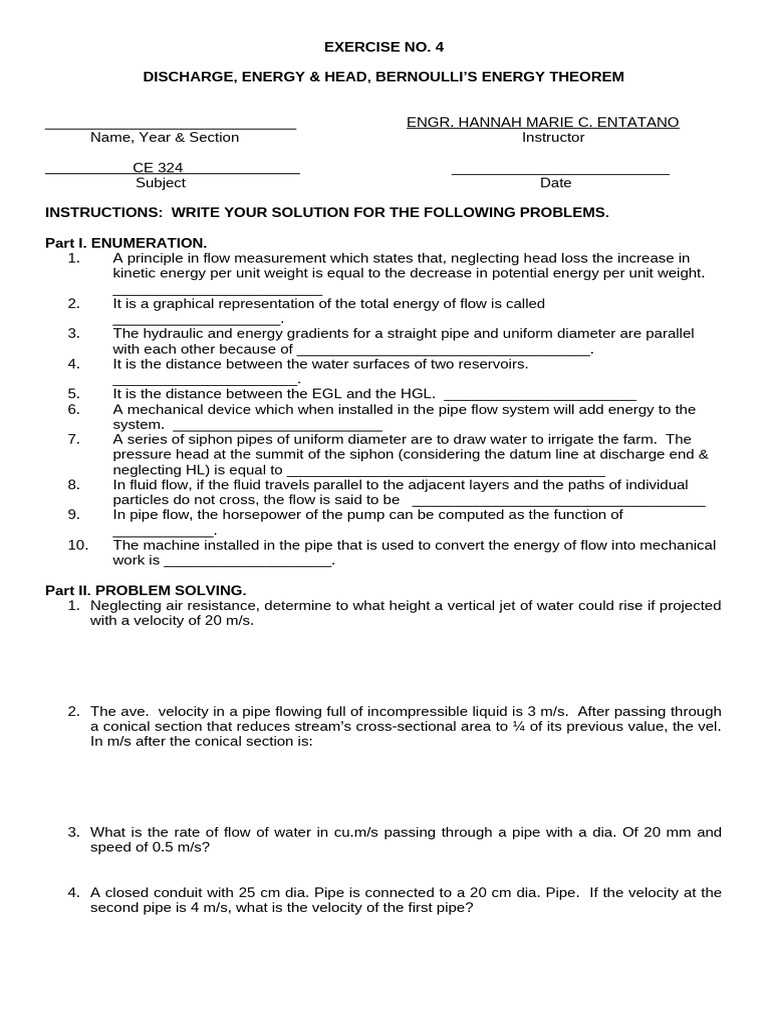 Ce 324 Hydraulics Exercise No.4 | PDF | Pressure | Pump