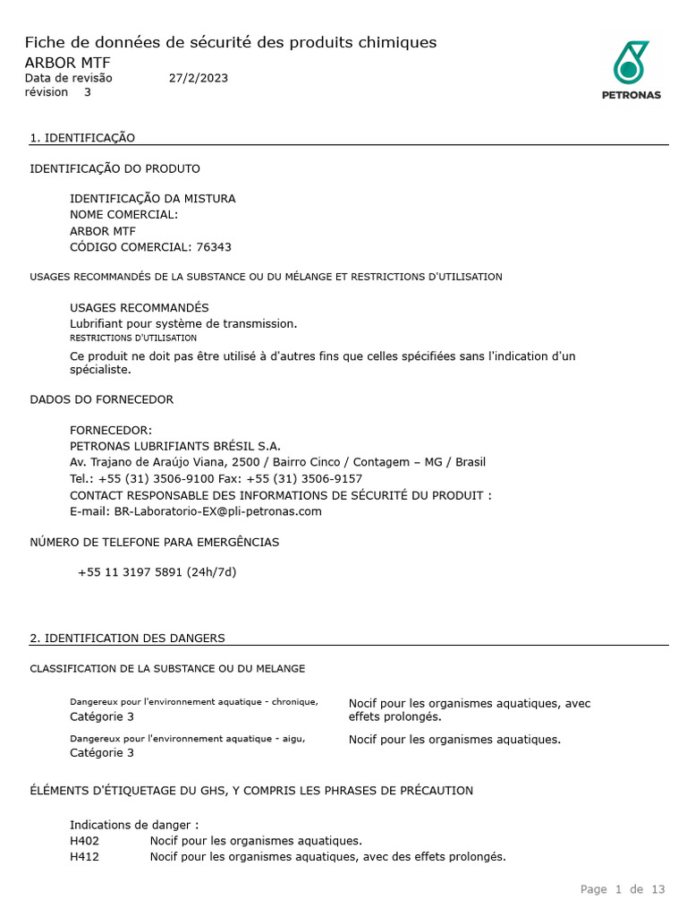 Fiche de sécurité ARBOR MTF - Lubrifiant | PDF | Toxicologie ...