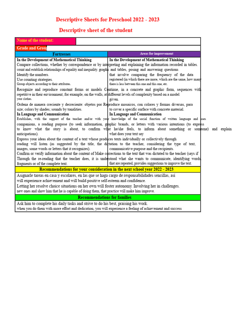 3 Descriptive Cards - Preschool 2022 - 2023 | PDF | Communication ...