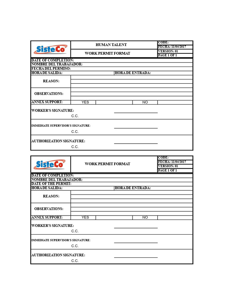 Work Permit Format Template | PDF