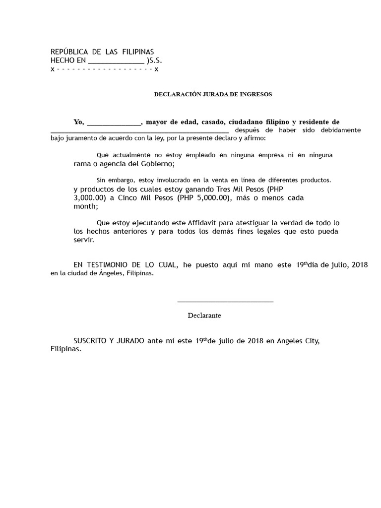 Declaración Jurada de Ingresos en Filipinas | PDF