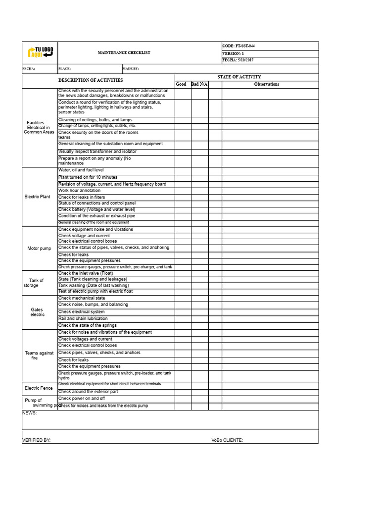 Checklist For Maintenance | PDF | Leak | Lighting