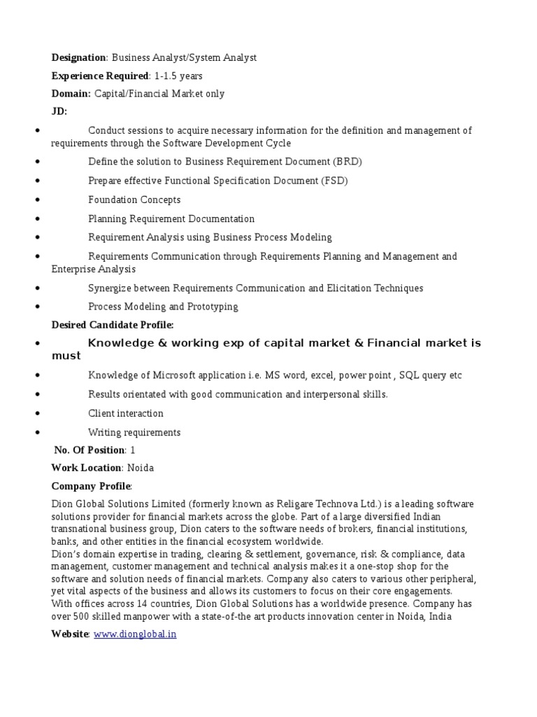 Business Analyst Role in Financial Markets | PDF