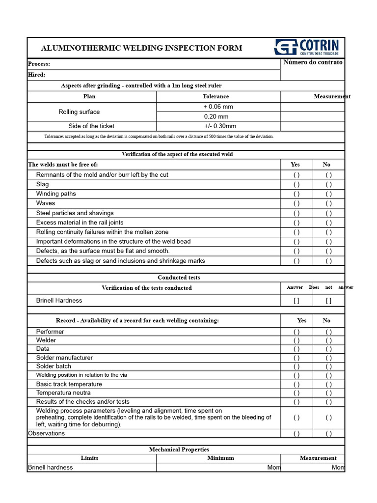Aluminothermic Welding Inspection Form | PDF | Welding | Construction