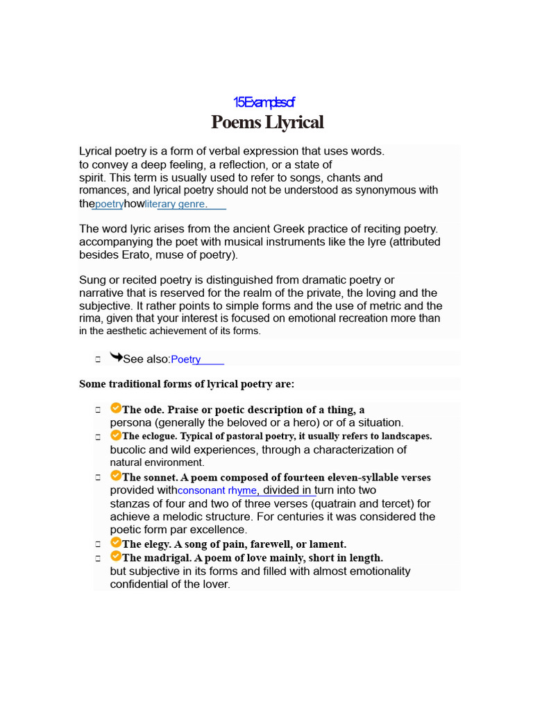 15 Lyrical Poetry Examples Explained | PDF | Poetry | Lyric Poetry