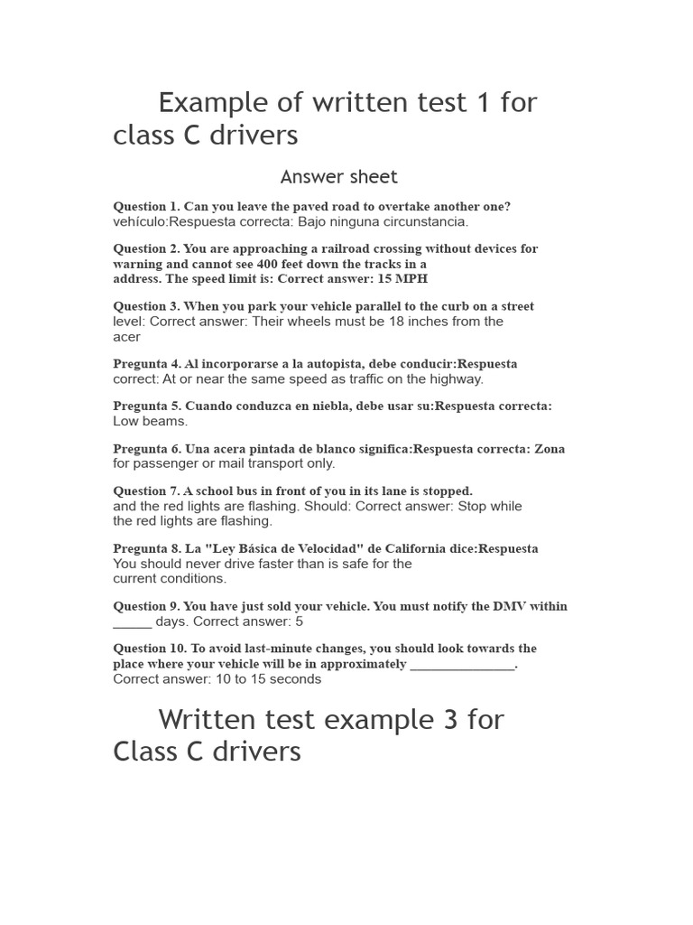 Class C Driver Written Test Examples | PDF | Traffic | Intersection (Road)