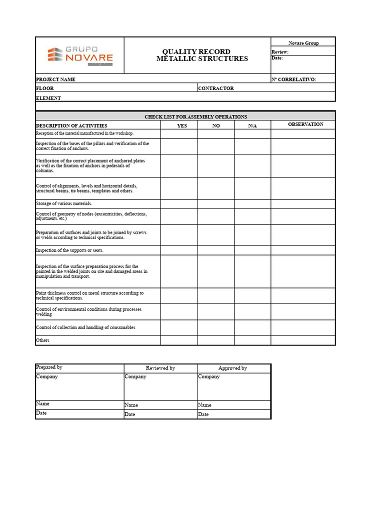 Quality Checklist for Metallic Structures | PDF