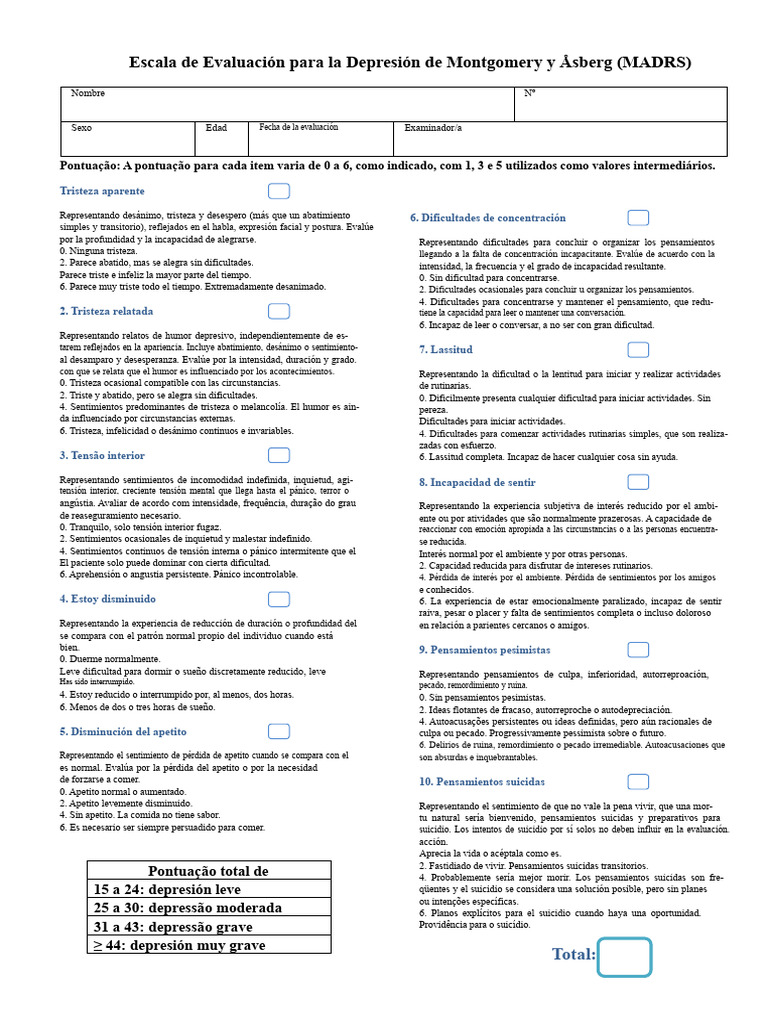 Escala MADRS para Evaluar Depresión | PDF | Depresión (estado de ánimo ...