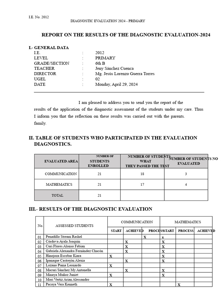 Format - Report of The Diagnostic Evaluation - 2024 | PDF ...