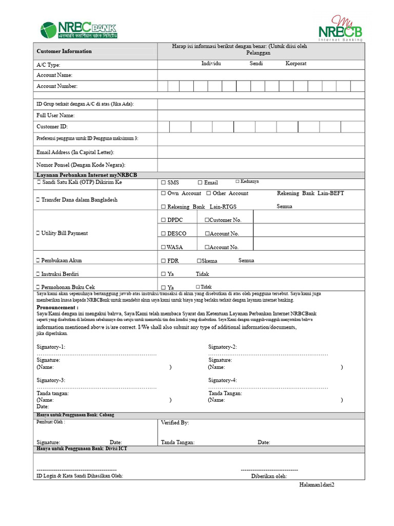 Formulir Pendaftaran Internet Banking NRBCBank | PDF