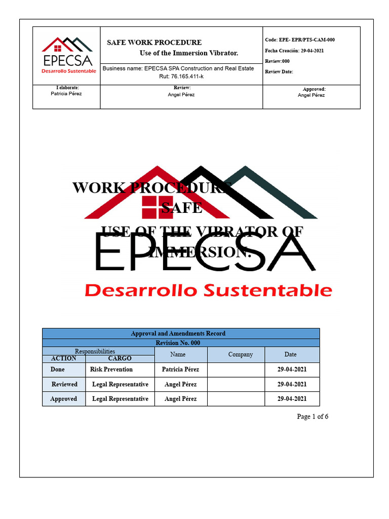 Safe Work Procedure - USE OF IMMERSION VIBRATOR. | PDF | Personal ...