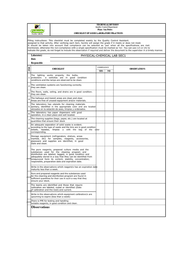 Laboratory Practices Compliance Checklist | PDF | Laboratories | Lighting