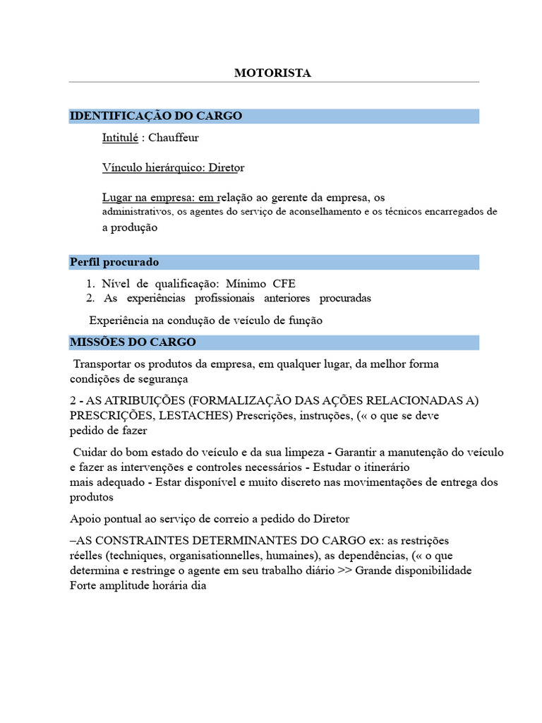 Descrição do Cargo de Motorista | PDF