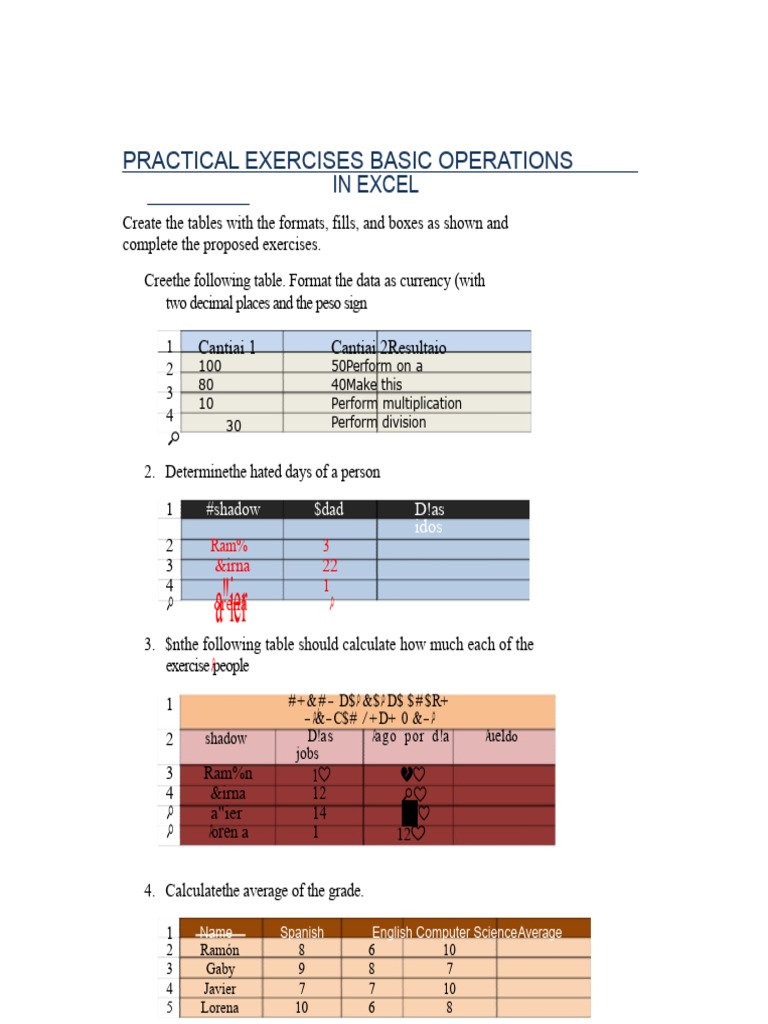PDF Exercises of Excel Operations Addition Subtraction Multiplication ...