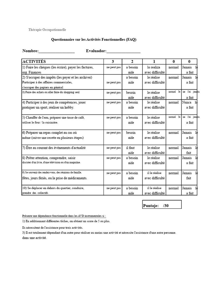 Questionnaire sur les Activités Fonctionnelles | PDF