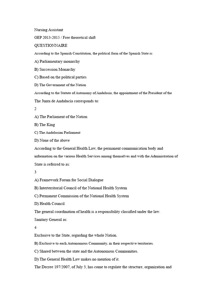 Nursing Assistant Questionnaire 2013-2015 | PDF | Autonomy | Spain
