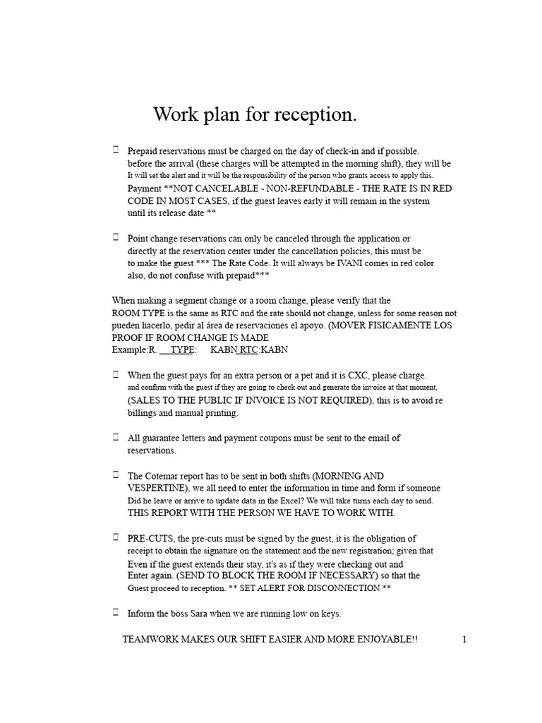 Reception Work Plan and Procedures | PDF