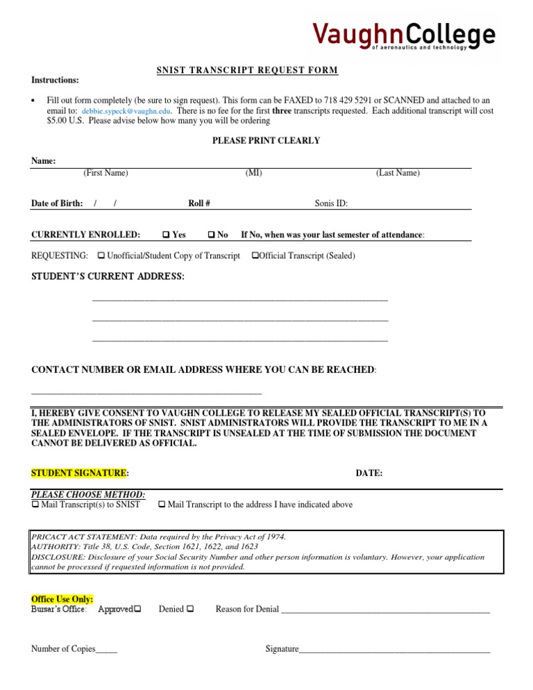 Vaughn College Transcript Request Form | PDF
