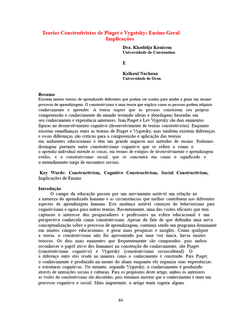 Teorias de Piaget e Vygotsky no Ensino | PDF | Aprendizado | Sociologia