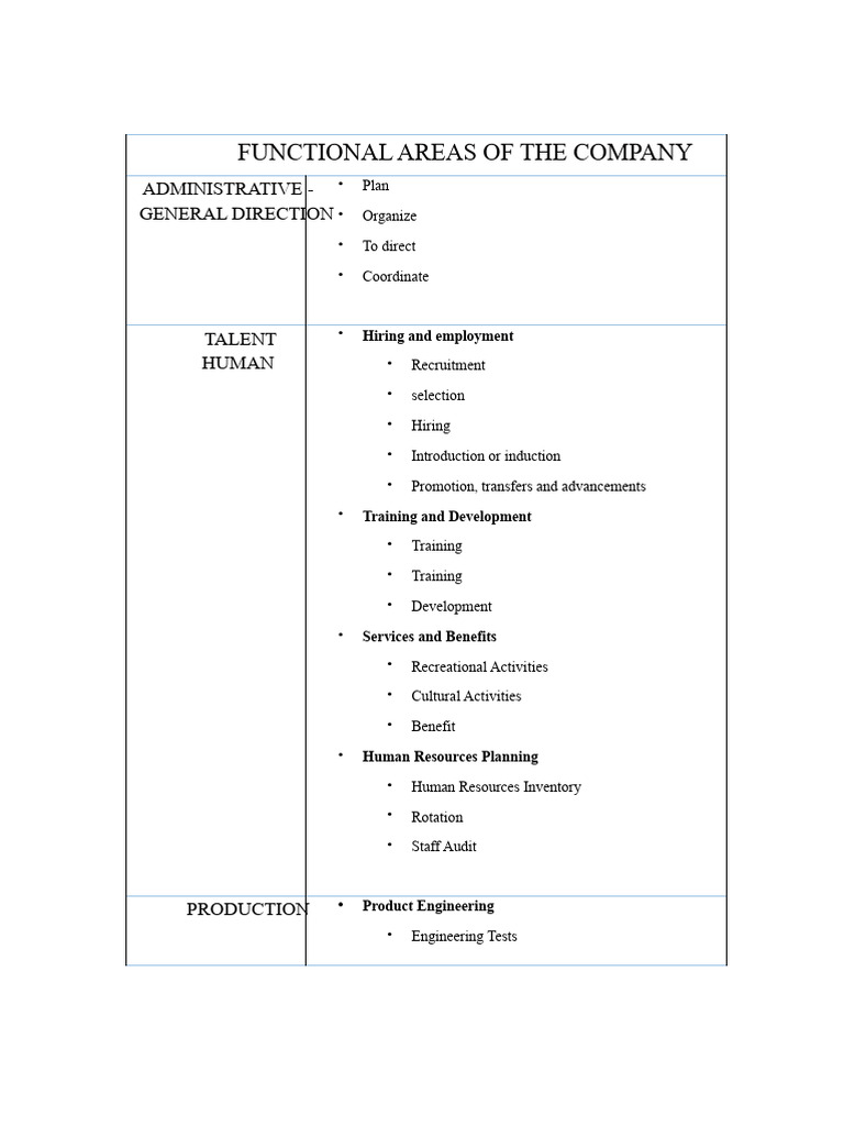 FUNCTIONAL AREAS OF THE COMPANY - Comparative Chart | PDF | Human ...