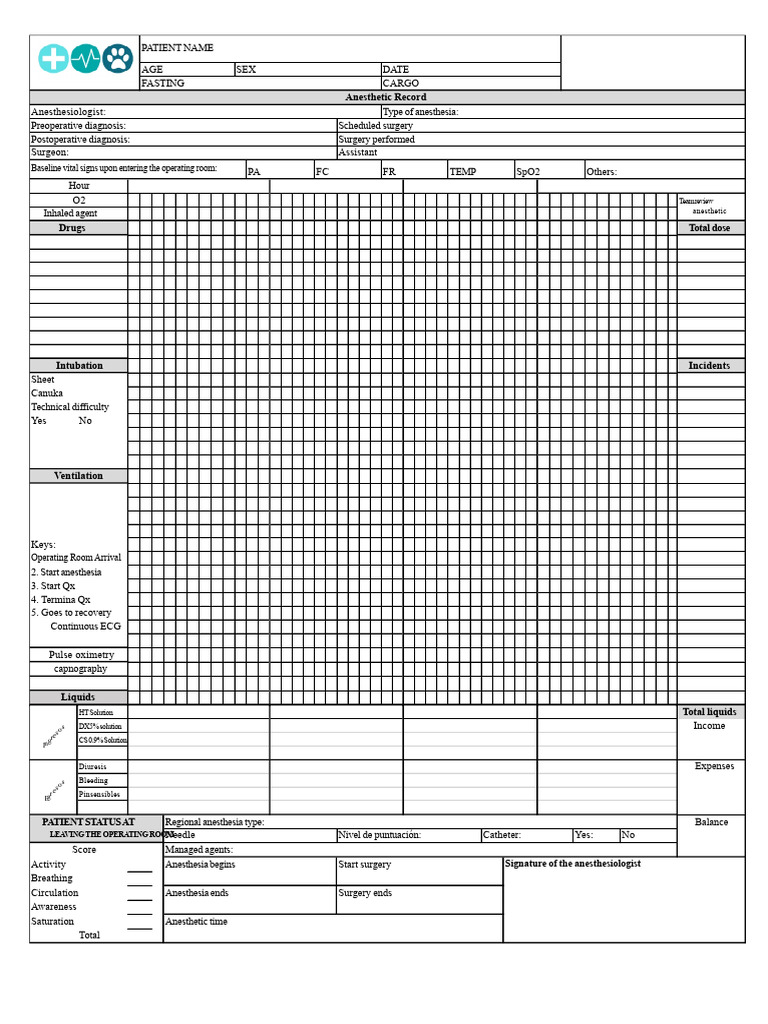 Anesthetic Record and Patient Status Report | PDF | Anesthesia ...
