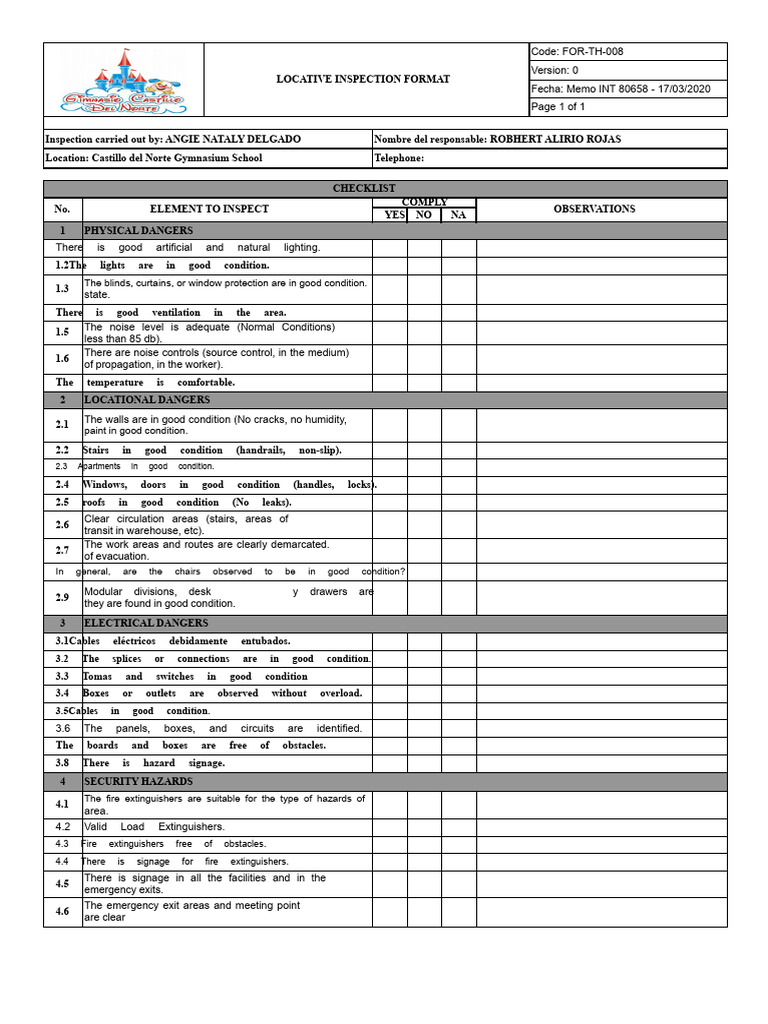 Inspection Format For Gym at Castillo Del Norte | PDF